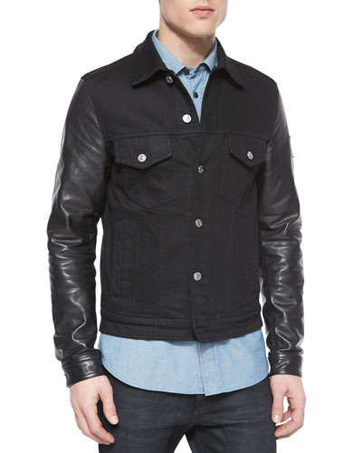 BELSTAFF STOCKFIELD LEATHER SLEEVE DENIM JACKET